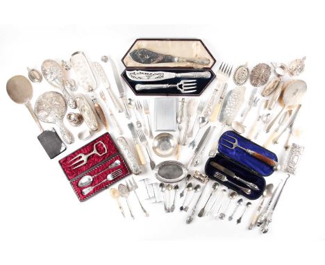 A Kings pattern silver handled fish serving fork and knife in case, together with a quantity of silver backed part dressing s