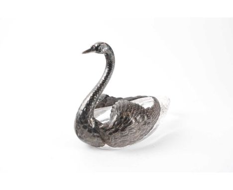 A large sterling silver and moulded glass swan centrepiece, 21cm