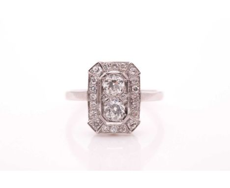 An Art Deco style diamond ring, the plaque-shaped mount inset with round-cut diamonds, the diamonds approximately 1.0 carats 