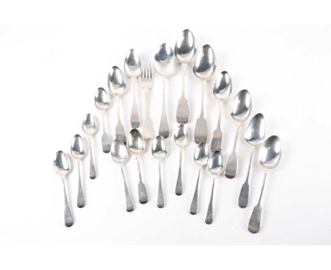 A harlequin set of six silver old English pattern tea spoons, each engraved with the initials C H A, a pair of Victorian silv