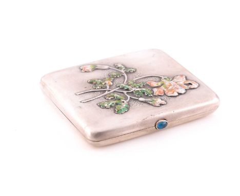 A Russian silver and enamel cigarette case, the cover with relief foliate decoration in coloured enamels, an oval blue stone 