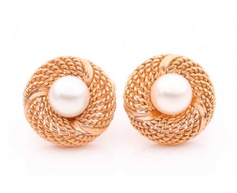 A pair of yellow metal and pearl cufflinks, each set with a cultured white pearl within a rope-twist border, approximate diam