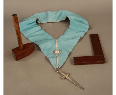 Masonic Horizon Lodge Sash with Metal Sword Badge, Maul and angle

#452 