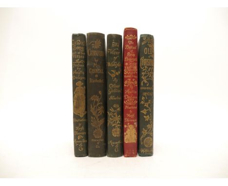 (Victorian Book Design, Illustration.) Five late 19th Century pictorial cloth gilt tiles, mainly illustrated and with cover d