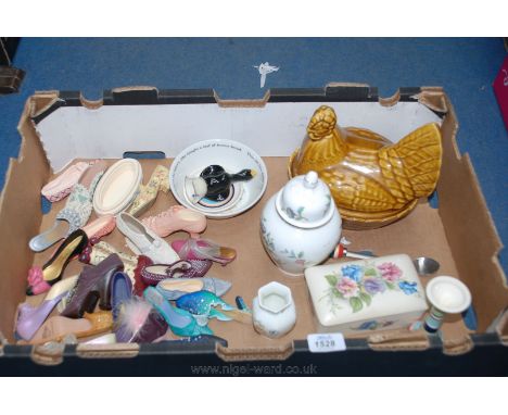 A box of china shoes, an Aynsley flower vase and jar, a Peter Rabbit dish, Poole butter dish and a chicken dish