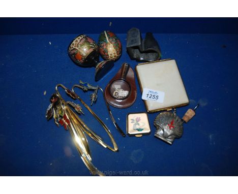 A quantity of miscellanea including brass and bird brass book markers, covered cigarette case, papier mache egg cup and egg, 