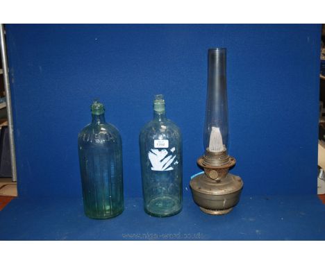 Two glass 'Poison' Jars/Bottles with stoppers and an old oil Lamp, a/f