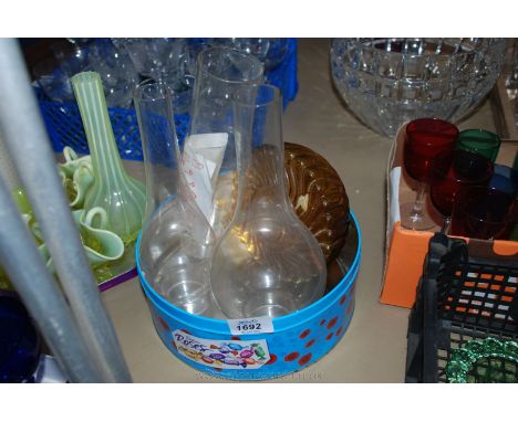 Three glass Chimneys for lamps, lamp reservoir for a lamp