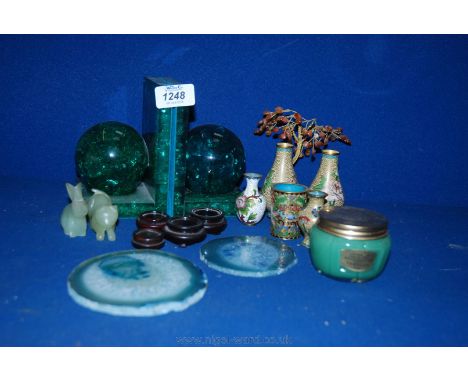 A quantity of miscellanea including green bookends, small oriental vases with stands, cat and rabbit figurine, a jar of Yardl