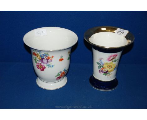 A hand painted trumpet Vase with Meissen crossed swords mark to base together with a hand-painted Bavarian bell Vase by K & A