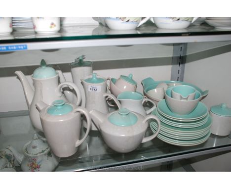 A quantity of Poole Pottery two tone turquoise and grey Dinner, tea and coffee ware including coffee pots, hot water pots, so