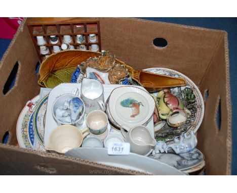 A quantity of china including Crown Devon sauce boat, Royal Worcester pin dishes, collectors thimbles and display shelf, etc.