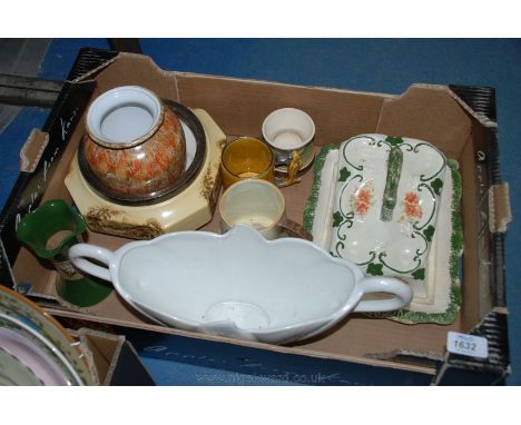A quantity of china including Cheese dish and cover, Arthur Woods flower trough, tankards, vases, etc.