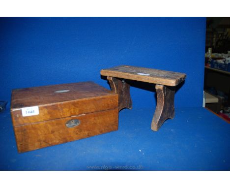 A mother of pearl inlaid Sewing Box and a small Stool, a/f