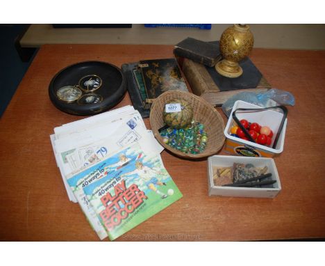 A quantity of miscellanea including Marbles, Ledger of legal letters, papier mache lamp, Book Ends, Brooke Bond collectors Ca