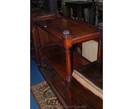 A Victorian Mahogany Buffet, reeded finials and gallery edge to the top tier supported on turned tapering fluted columns, gal