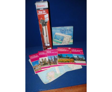 A 'Hama Star 75'  expanding Camera Tripod including case, 125 cm with digital photography book and some Ordnance Survey Maps