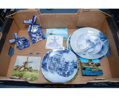 Seven windmill pattern Plates, two ceramic windmill Tiles and two windmills including a Delft , Poole and Royal Doulton