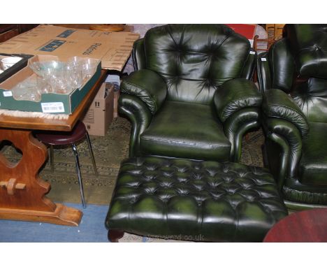 A modern green Leather upholstered Armchair with double sized button upholstered Footstool