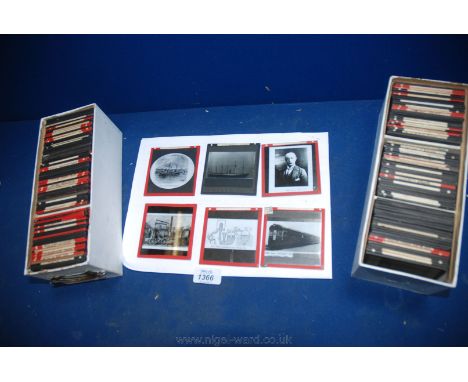 Two boxes of glass Magic Lantern Slides, mainly relating to railways including Puffin Billy, Symingtons Steam Boat, Watts sin