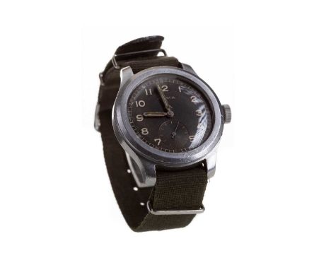 GENTLEMAN'S CYMA 'DIRTY DOZEN' MILITARY STAINLESS STEEL MANUAL WIND WRIST WATCH,the round black dial with Arabic hour markers