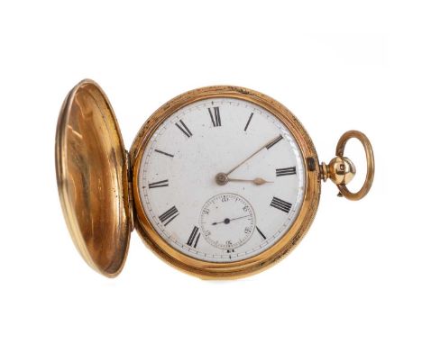 EIGHTEEN CARAT GOLD FULL HUNTER POCKET WATCH,the round white dial with Roman hour markers, outer railroad seconds track in bl