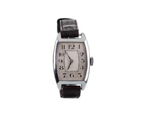 GENTLEMAN'S ART DECO CHROME PLATED MANUAL WIND WRIST WATCH,the tonneau shaped dial with Arabic hour markers, inner railroad s
