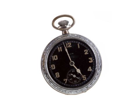 ELGIN MILITARY OPEN FACE NICKEL PLATED POCKET WATCH,the round black dial with lume Arabic hour markers, outer railroad second