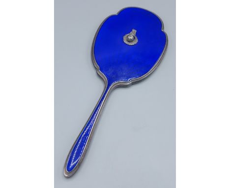A Birmingham silver and enamel hand mirror set with a Royal Marines badge 