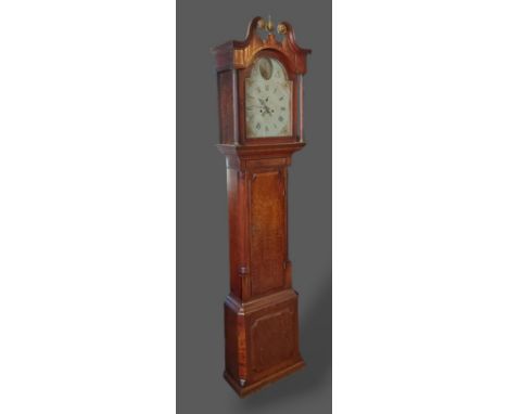 An oak longcase clock, the arched hood with swan neck pediment, the painted dial with Roman and Arabic numerals with subsidia