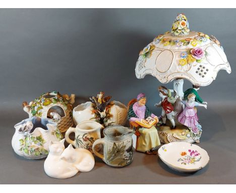 A Dresden porcelain table lamp of figural form together with a collection of ceramics 