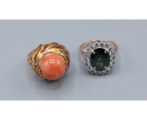 A yellow metal coral set ring together with another cluster ring, 12.5gms 