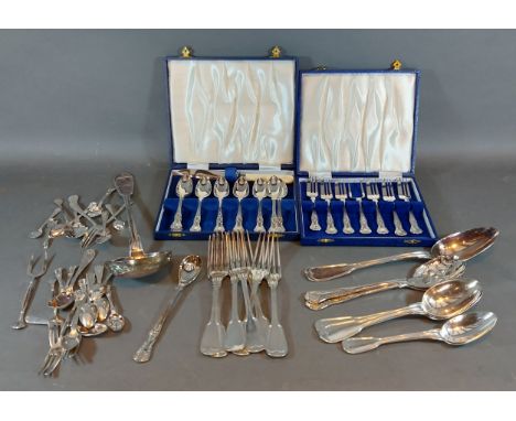 A pair of silver plated candlesticks together with a collection of silver plated items to include flatware 