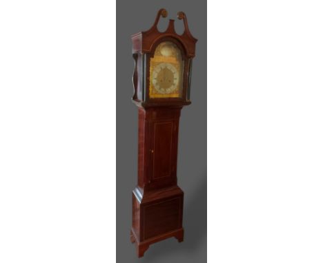 A 19th Century mahogany longcase clock the arched hood with swan neck pediment above a central door and bracket feet, the bra