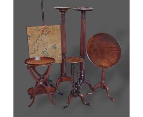 A 19th Century mahogany torchere together with another similar torchere, a firescreen and three occasional tables 
