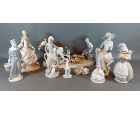 Three Lladro figurines, together with a Lladro bell, two Lladro ducks, two Nao figurines and a continental figure group 