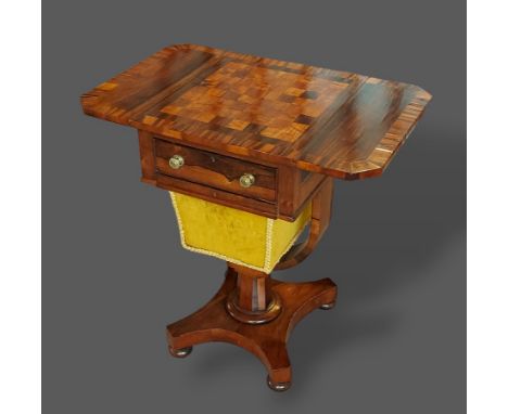 A Victorian rosewood games/worktable, the chessboard drop flap top above a frieze drawer and wool box with U stretcher and pl