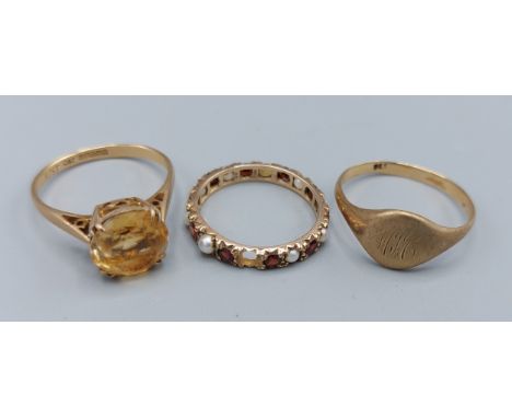 9ct gold Citrine set dress ring together with a 9ct gold signet ring a 9ct gold eternity ring set garnets and pearls, 7gms 