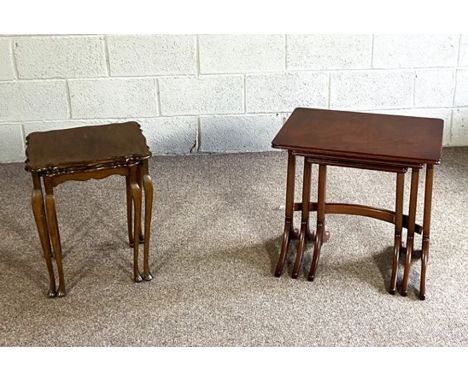 A Regency style mahogany fold-over tea tale, with a single drawer; also a folding card table; and two modern nests of occasio