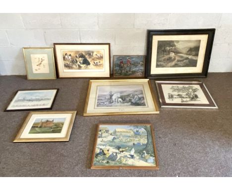 Assorted prints and pictures, including a coloured lithograph of pointers, a Highland river and others (9)