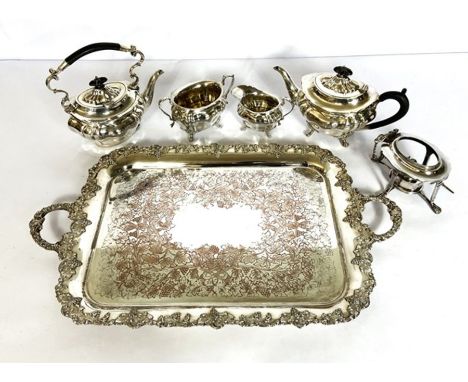 A silver plated five piece tea service, together with a large associated silver plated tray (6)