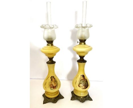 A pair of vintage opaline and gilt metal baluster oil lamp bases, with portraits of Napoleon Bonaparte and Empress Josephine,