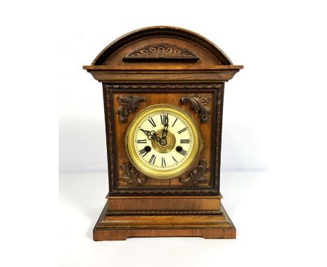 Two late 19th century side chairs, with line inlays; and a late Victorian mantel clock, with HAC movement, 36cm high; also a 