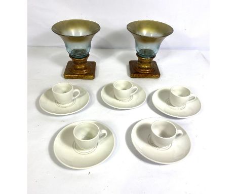 Two flared decorative glass vases, with gilt bases and a set of china expresso cups and saucers (a lot)