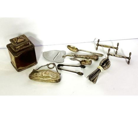 Assorted silver and silver plate, including a small silver purse, a cheese slicer, two stands and a Sheffield plate tea caddy