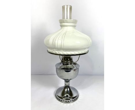 Vintage oil lamp, with chromed reservoir and large white glass lobed shade&nbsp;