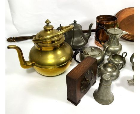 Miscellaneous metalware, including a Talbot Pewter tea service, a brass kettle; a copper cylindrical weighted bottle stand, a