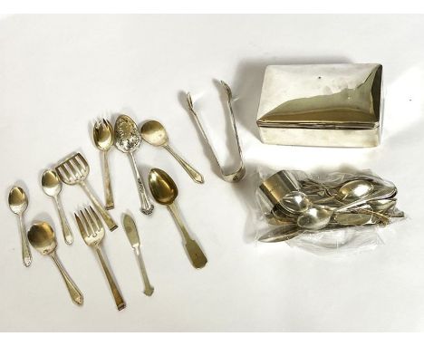 A selection of silver flatware, including a five piece serving set, comprising a butter knife, fork, spatula and two serving 