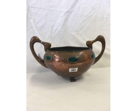 2 HANDLED COPPER ARTS &amp; CRAFTS BOWL ON SCROLL FEET WITH OVAL ENAMEL INSERTS