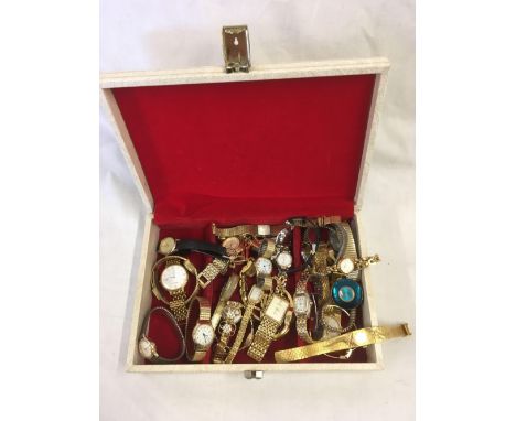 TRINKET BOX OF MISC GENTS &amp; LADIES GOLD COLOURED WRIST WATCHES